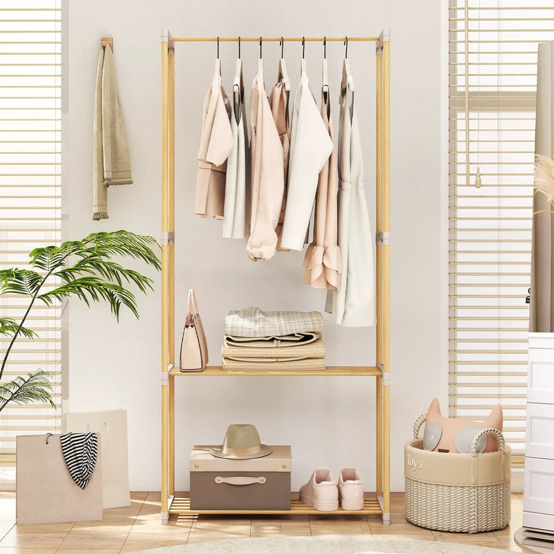 Pine Wood Clothes Rack with 2-Tier Open Storage Shelf for Hanging Clothes-Gray by DirectDeals