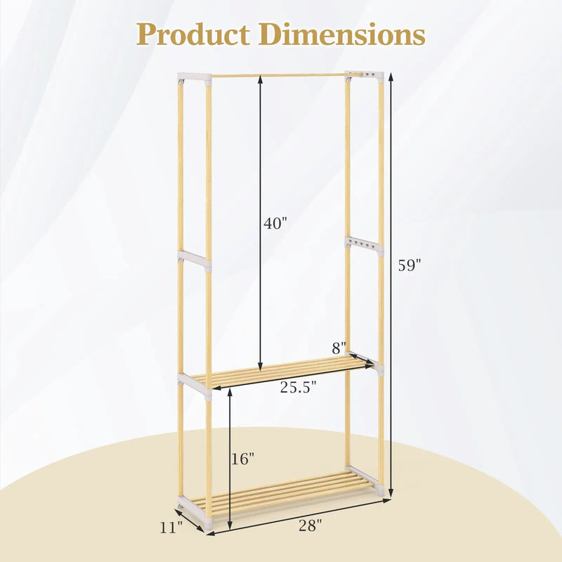 Pine Wood Clothes Rack with 2-Tier Open Storage Shelf for Hanging Clothes-Gray by DirectDeals