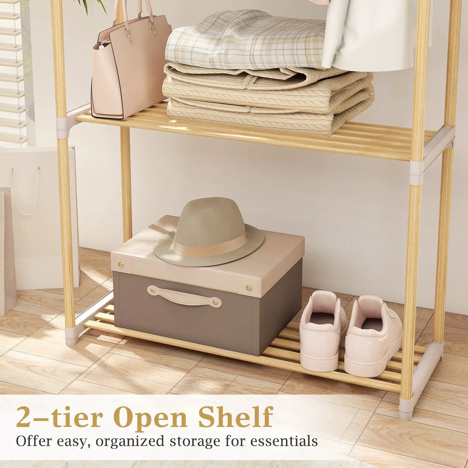 Pine Wood Clothes Rack with 2-Tier Open Storage Shelf for Hanging Clothes-Gray by DirectDeals