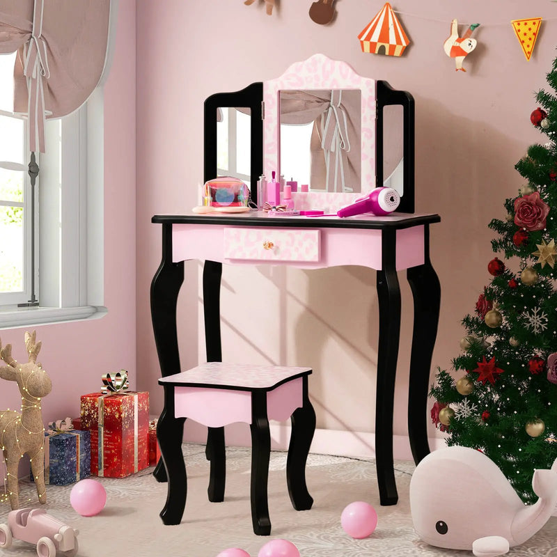 Kid Vanity Set with Tri-Folding Mirror and Leopard Print-Pink by DirectDeals