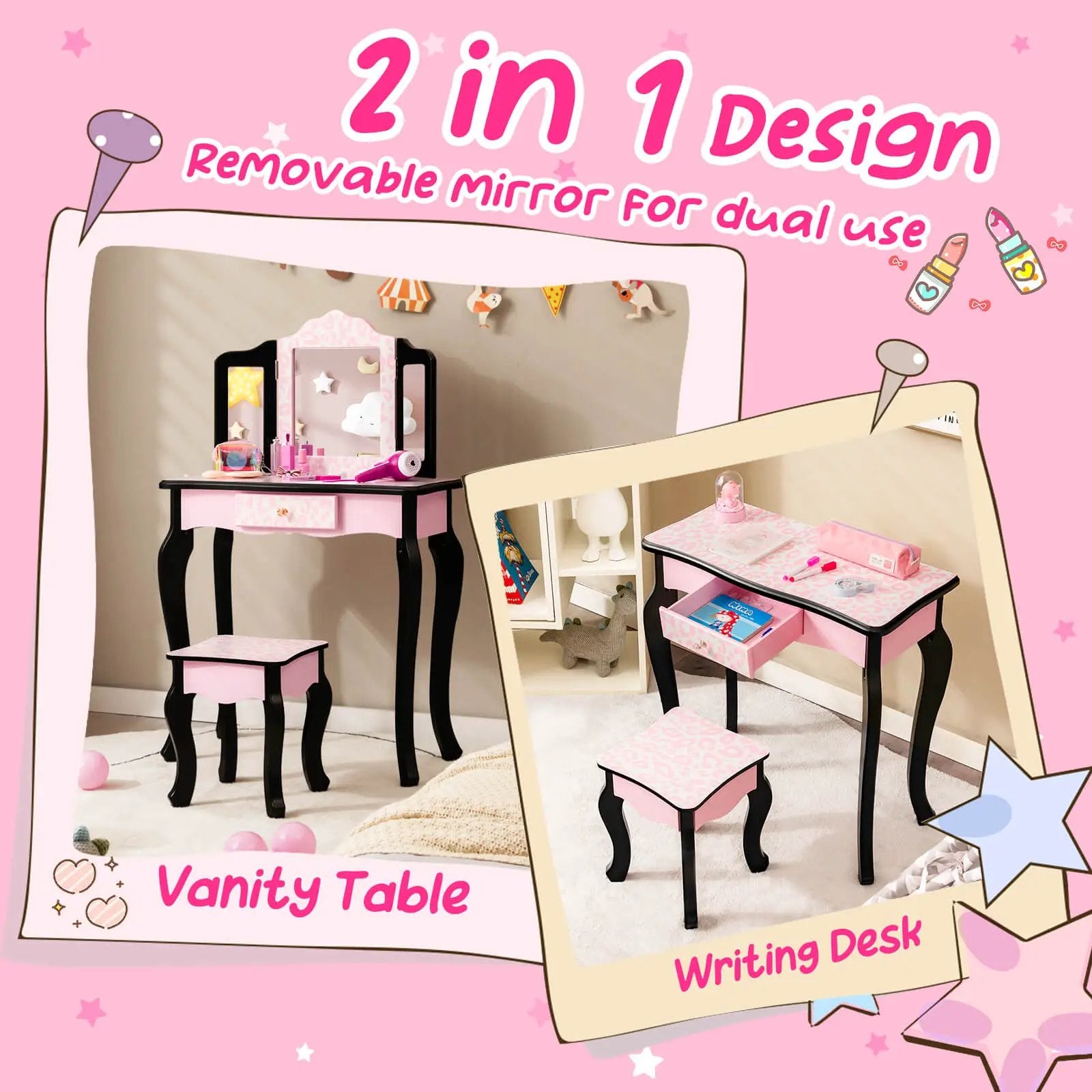 Kid Vanity Set with Tri-Folding Mirror and Leopard Print-Pink by DirectDeals