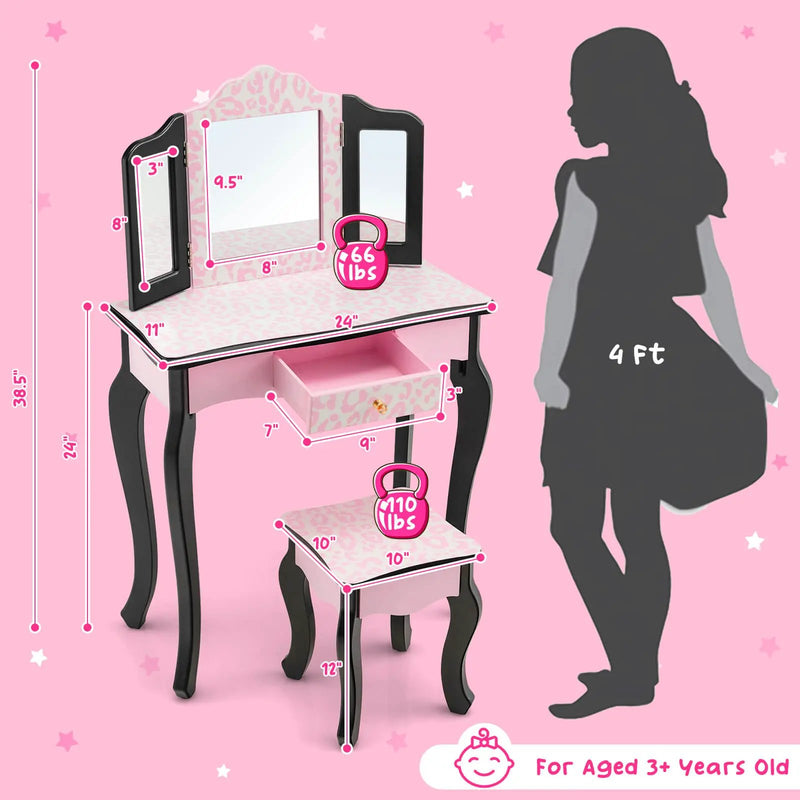 Kid Vanity Set with Tri-Folding Mirror and Leopard Print-Pink by DirectDeals