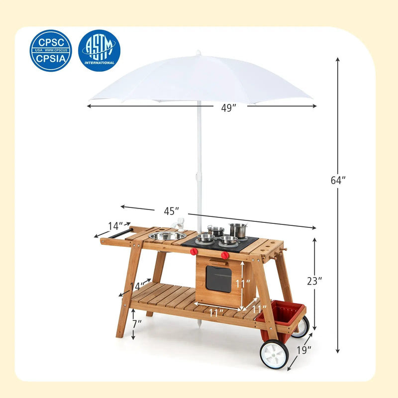 Wooden Play Cart with Sun Proof Umbrella for Toddlers Over 3 Years Old by DirectDeals