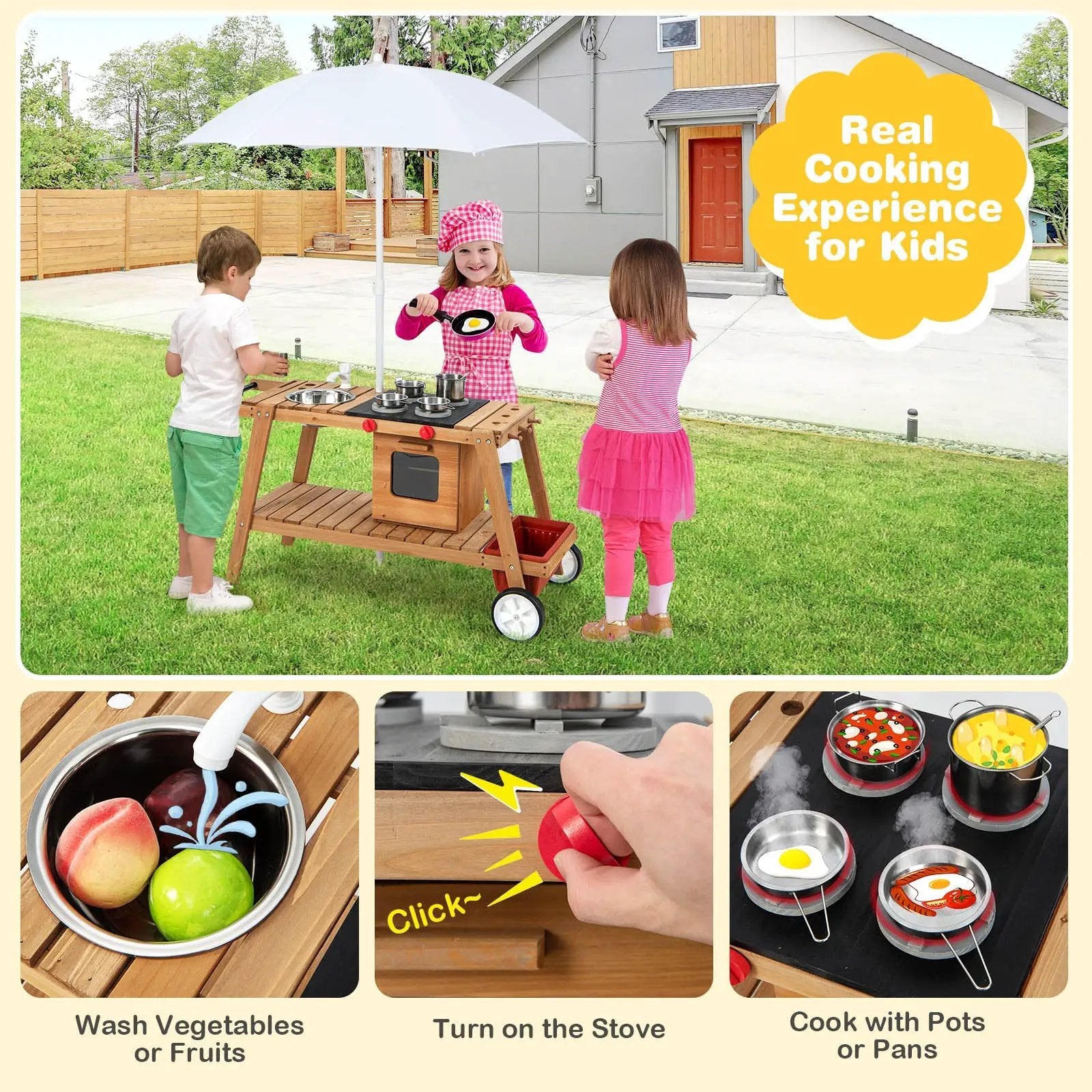 Wooden Play Cart with Sun Proof Umbrella for Toddlers Over 3 Years Old by DirectDeals
