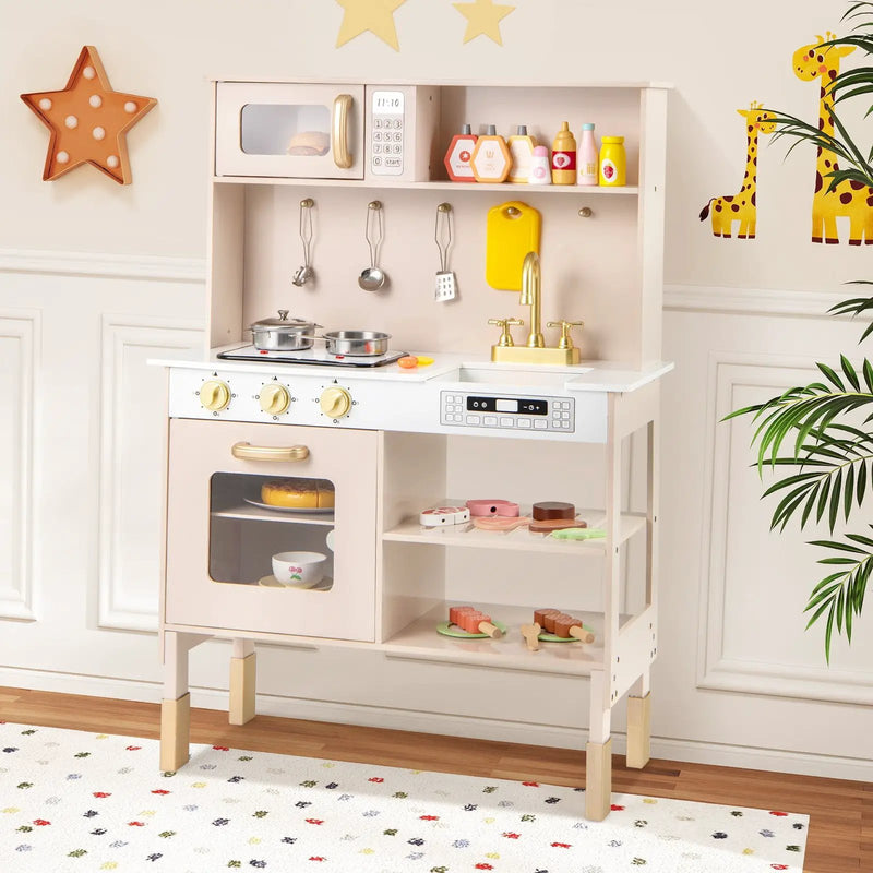 Play Kitchen Height Adjustable with Microwave and Lights and Sounds-Pink by DirectDeals