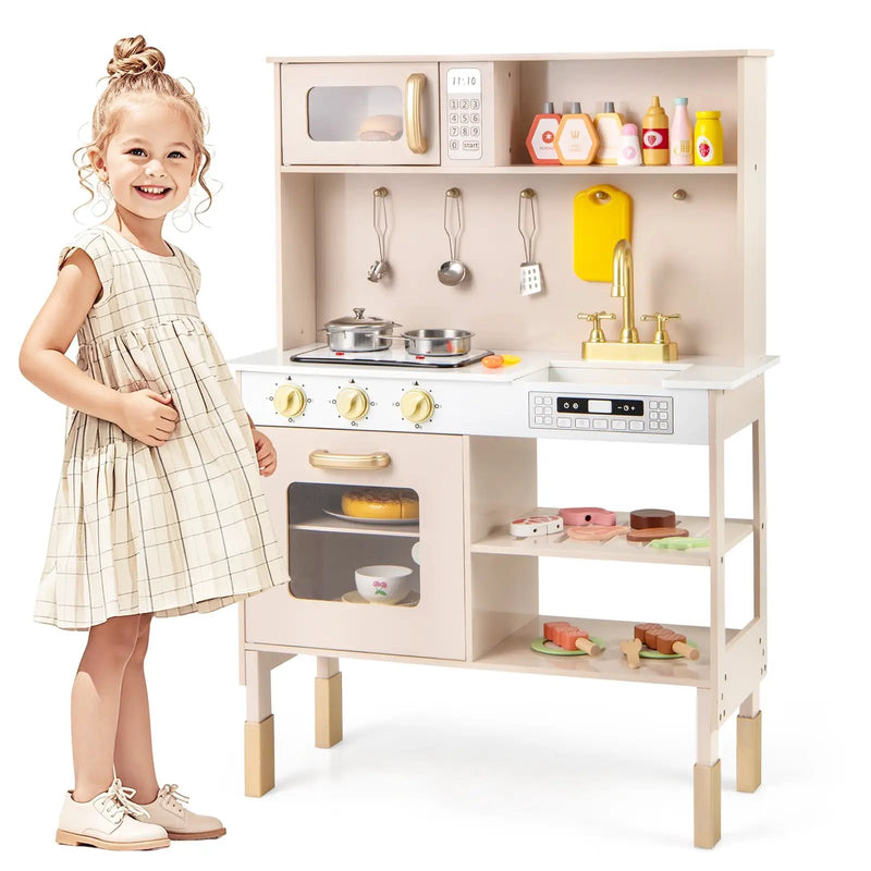 Play Kitchen Height Adjustable with Microwave and Lights and Sounds-Pink by DirectDeals