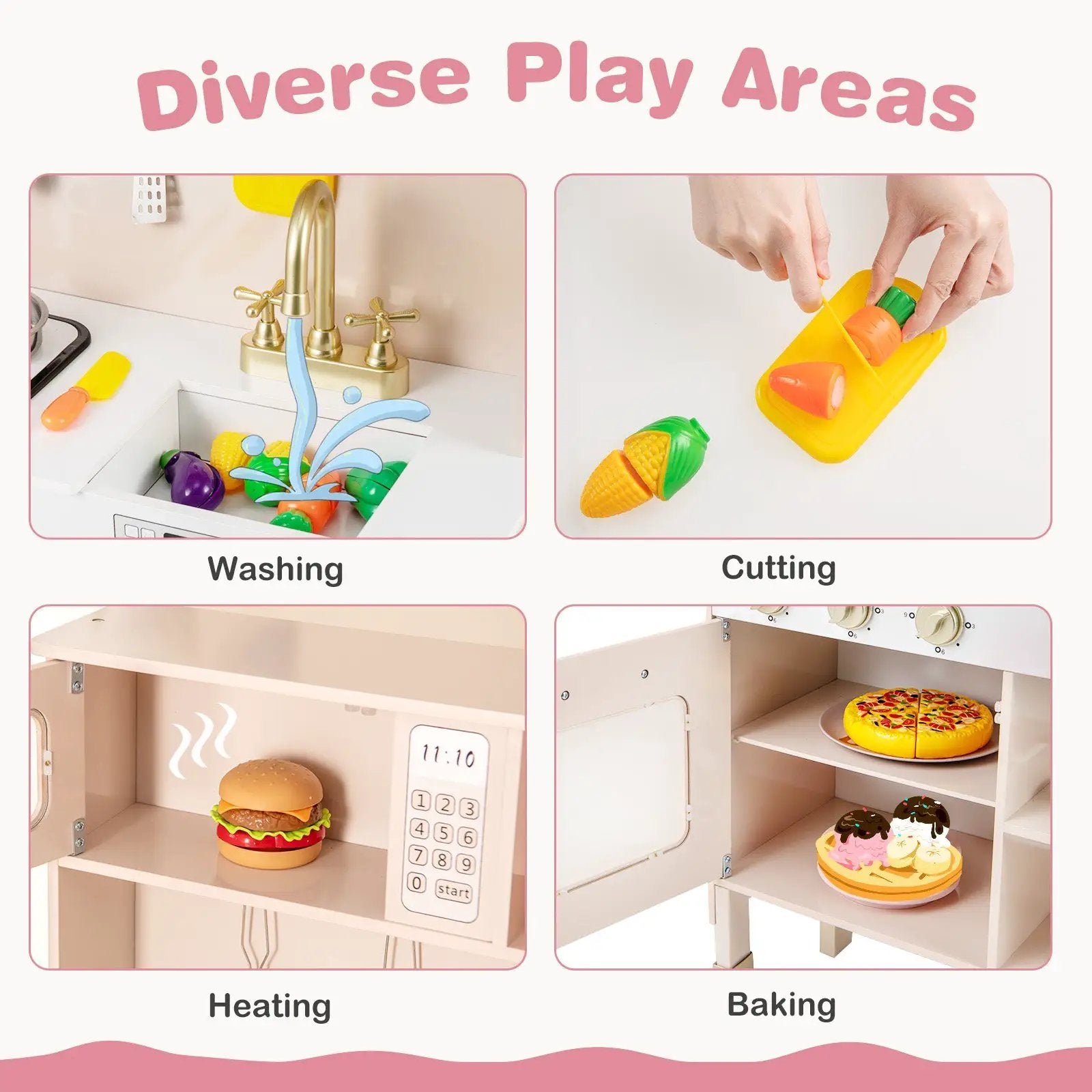 Play Kitchen Height Adjustable with Microwave and Lights and Sounds-Pink by DirectDeals