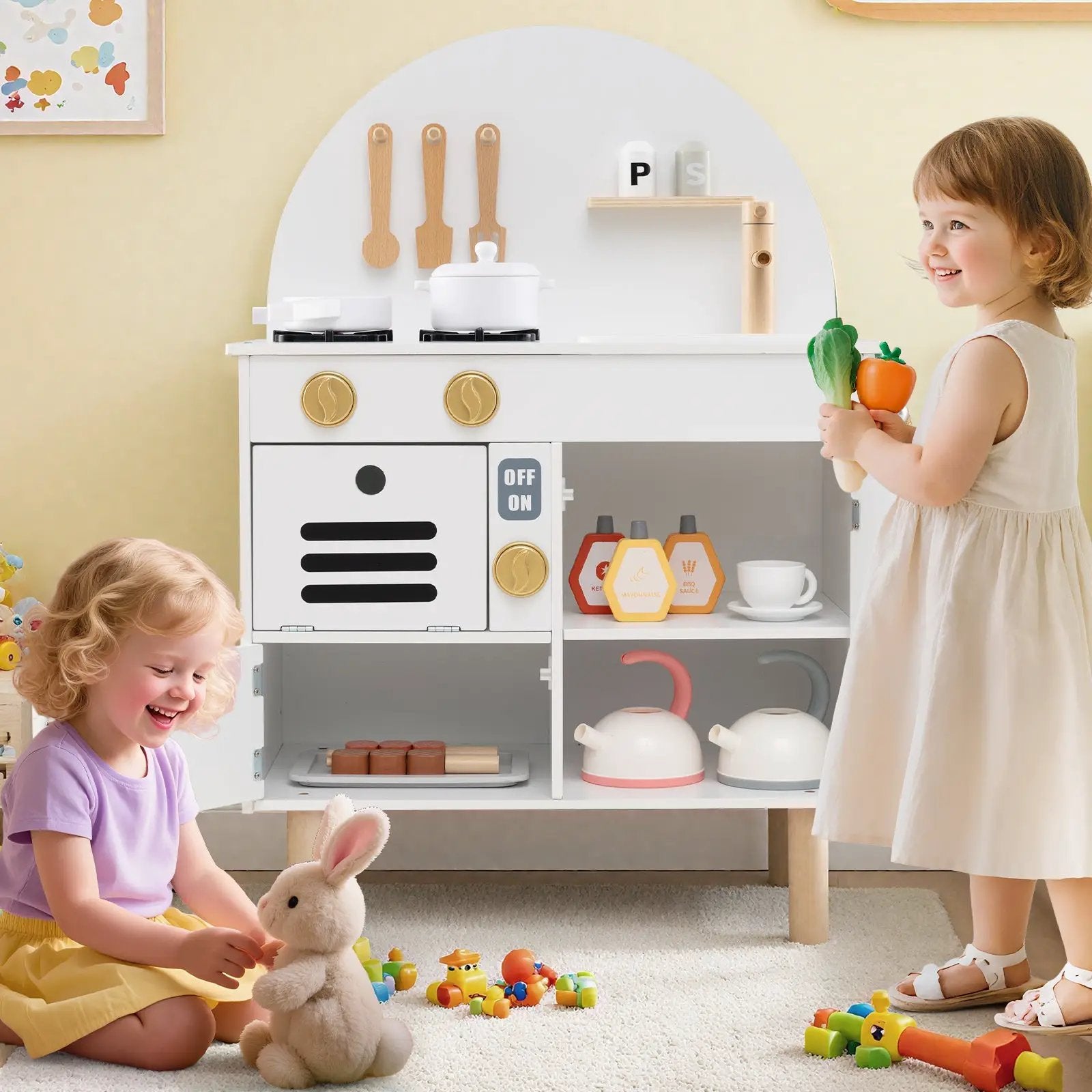 Play Kitchen for Kids Wooden Kitchen Playset with Stoves Faucet Sink Microwave and Oven by DirectDeals