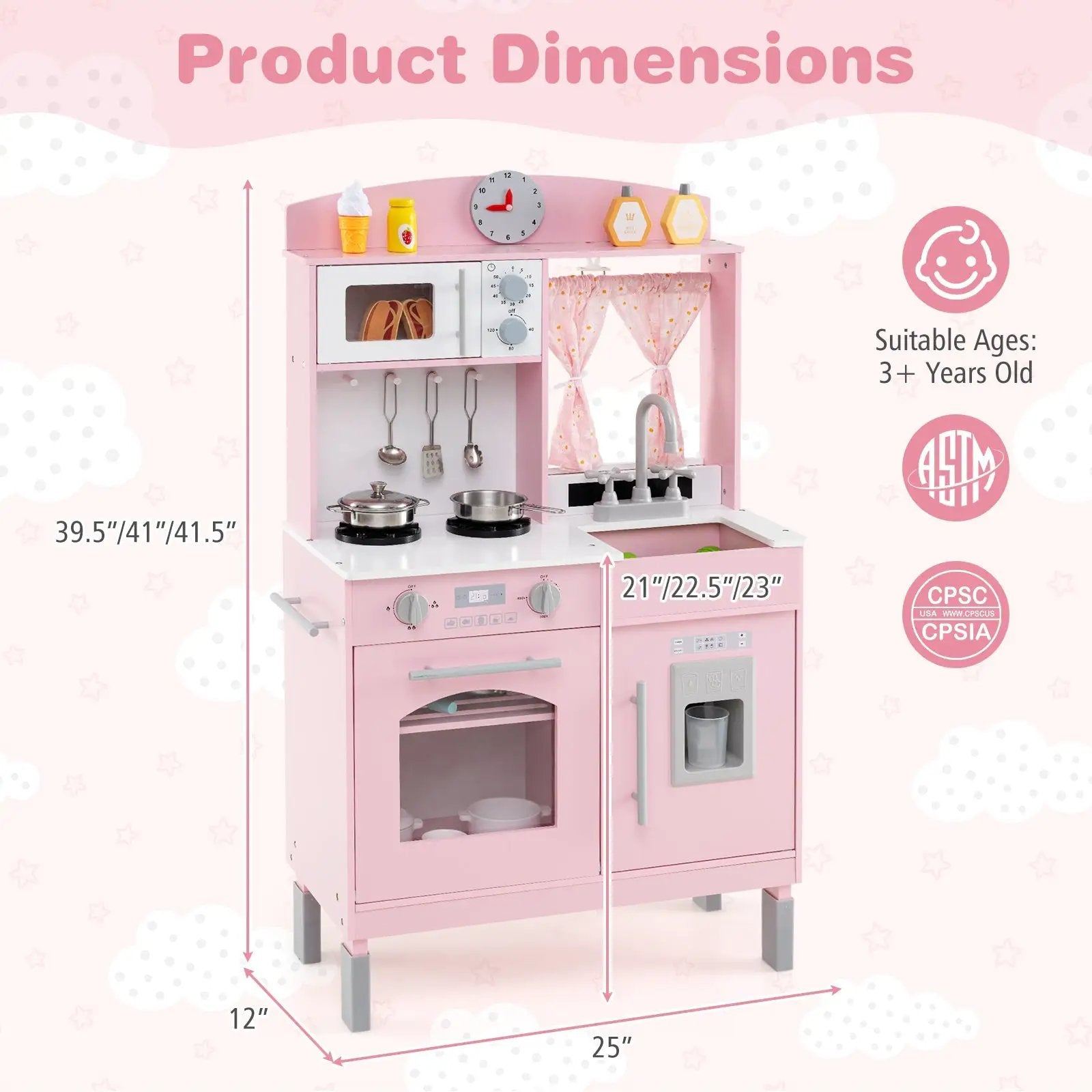 Play Kitchen for Kids Wooden Chef Pretend Playset with 3 Adjustable Heights Microwave by DirectDeals