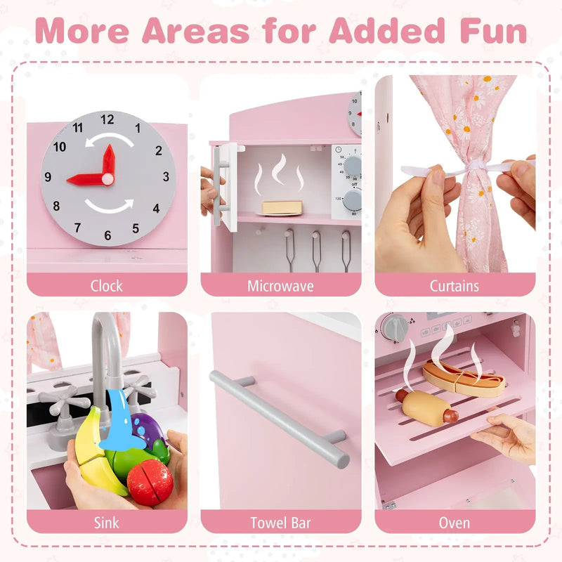 Play Kitchen for Kids Wooden Chef Pretend Playset with 3 Adjustable Heights Microwave by DirectDeals