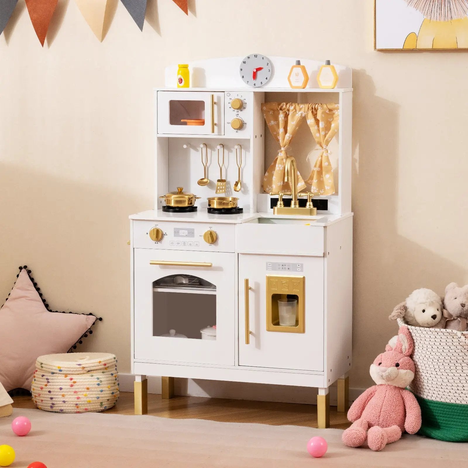 Play Kitchen for Kids Wooden Chef Pretend Playset with 3 Adjustable Heights Microwave by DirectDeals