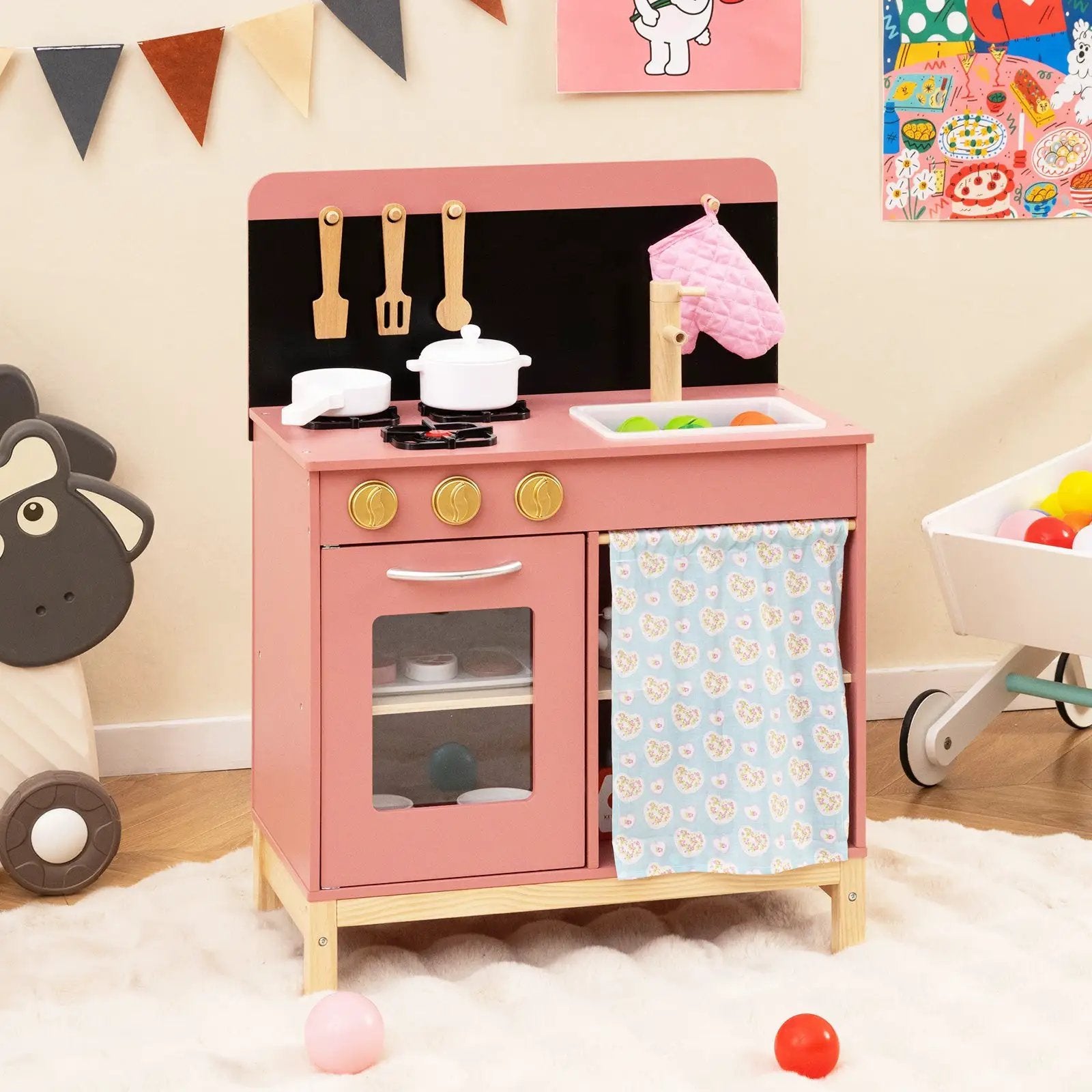 Play Kitchen for Kids Wooden Kitchen Playset with Door Curtain-Pink by DirectDeals