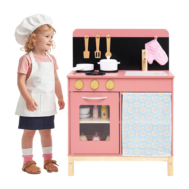 Play Kitchen for Kids Wooden Kitchen Playset with Door Curtain-Pink by DirectDeals