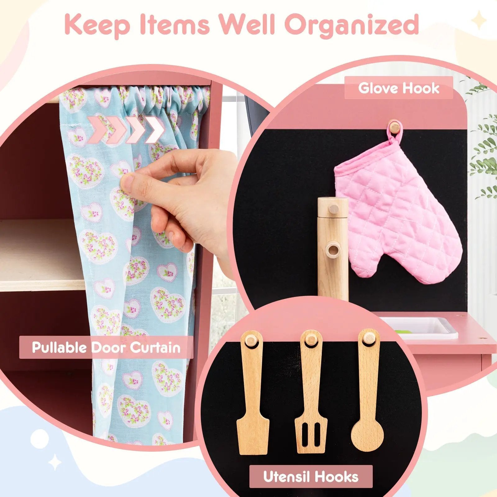 Play Kitchen for Kids Wooden Kitchen Playset with Door Curtain-Pink by DirectDeals