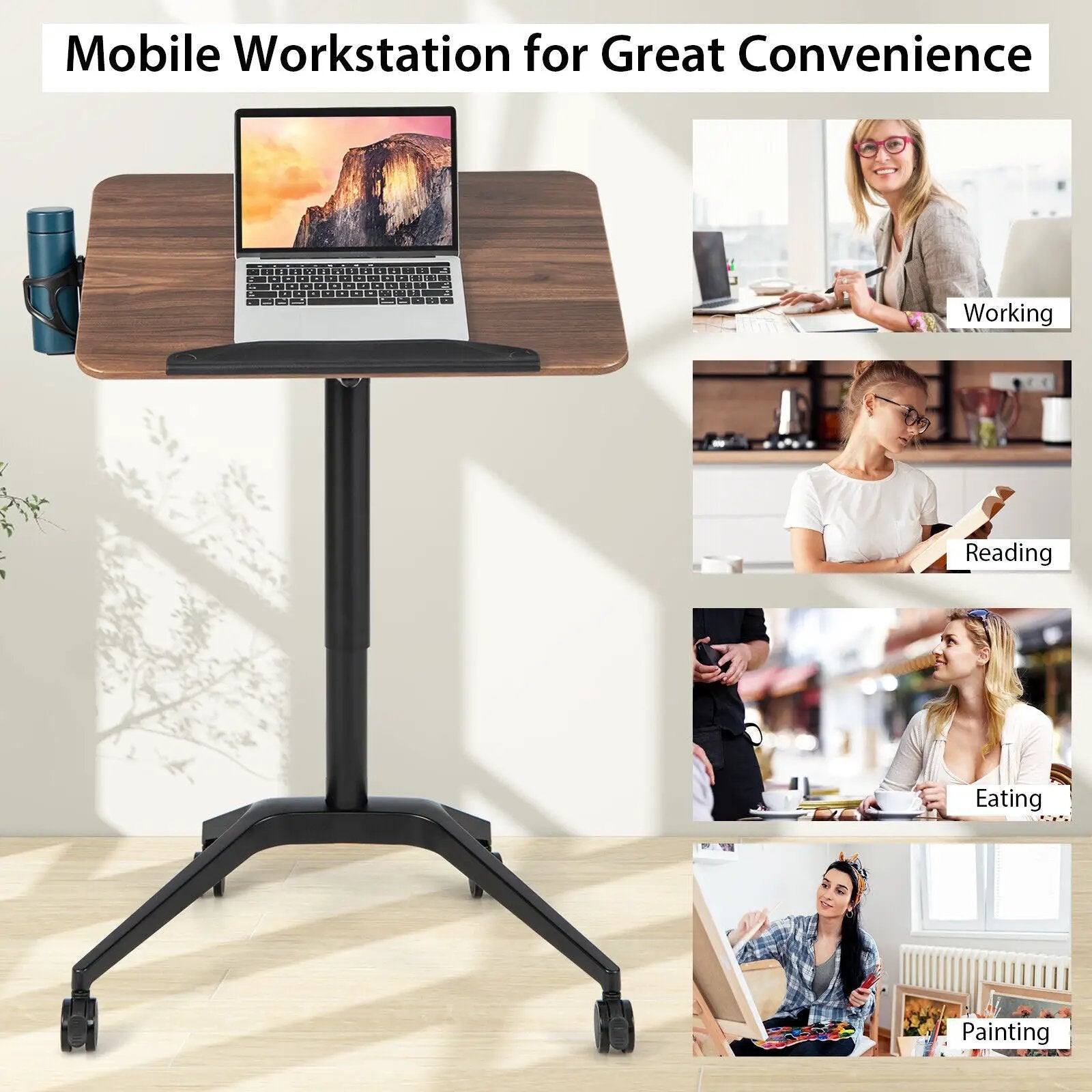 Pneumatic Standing Desk with Anti-fall Baffle and Cup Holder by DirectDeals