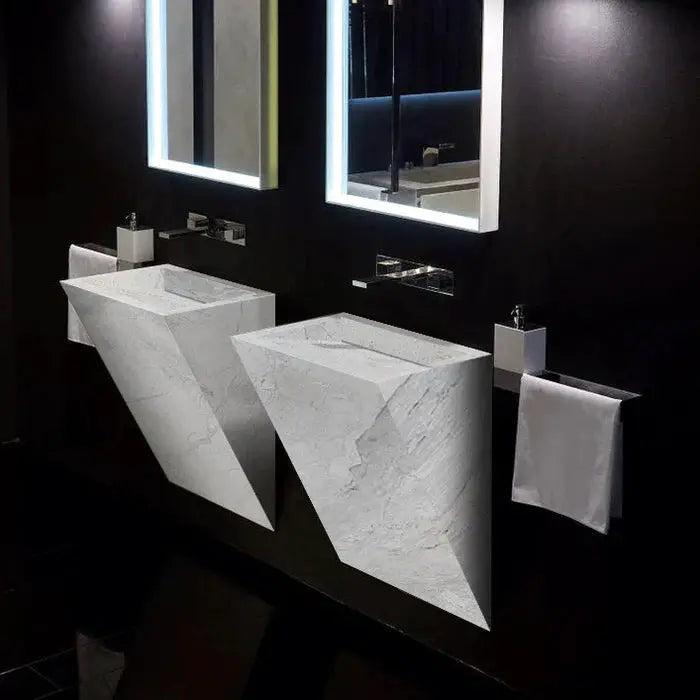 Turkish Polar White Marble Handcrafted Triangle Wall Mounted Bathroom Sink 12x18 by GobekDesign