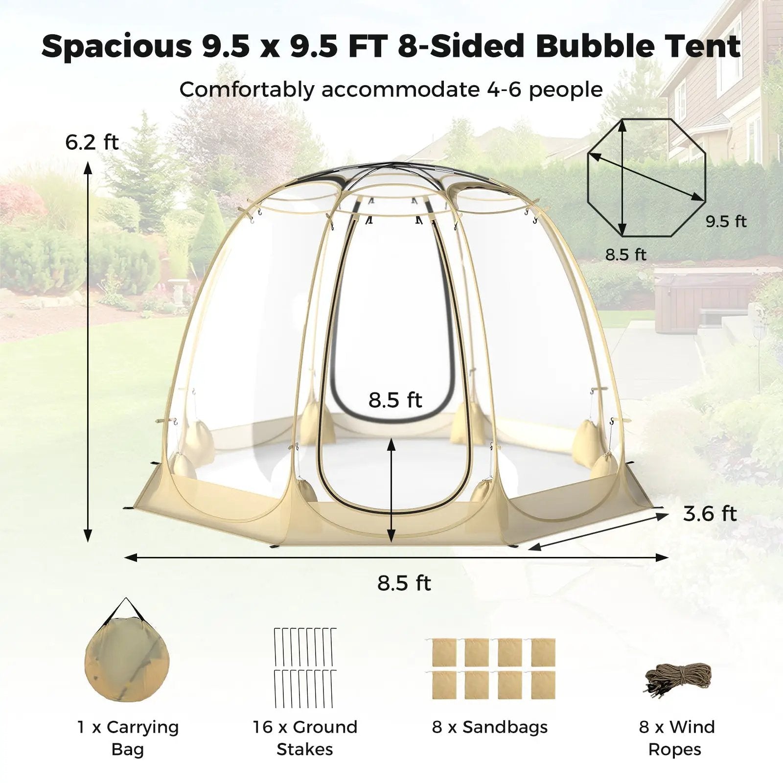 Pop Up Bubble Tent 630¬∞ Transparent PVC Igloo 8.5 x 8.5 FT Instant Setup Screen House for 5-6 People-Beige by DirectDeals