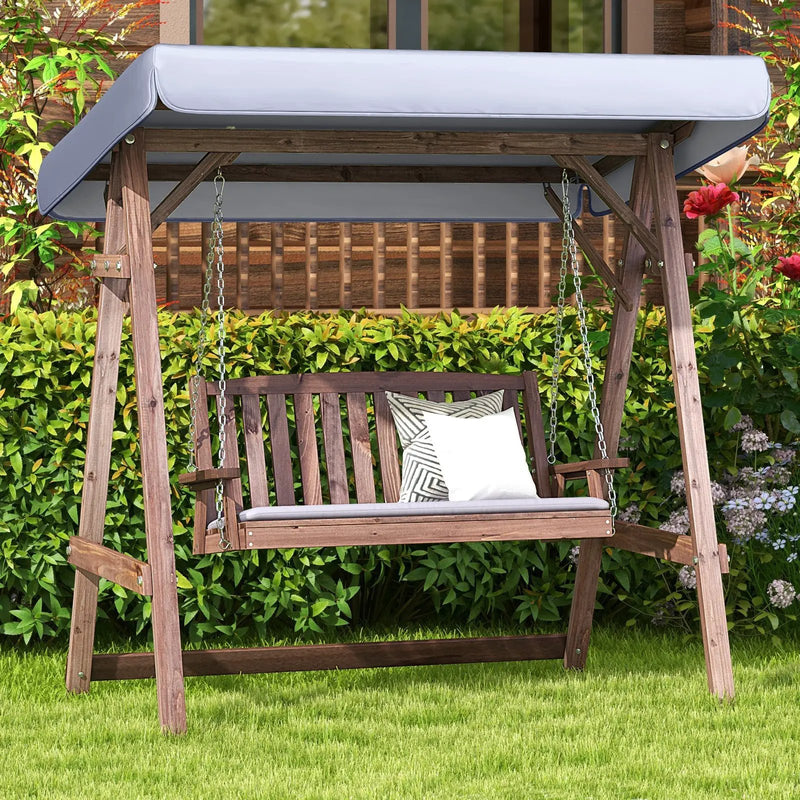 2-Person Porch Swing with Fir Wood Stand and Tilt Canopy-Brown by DirectDeals
