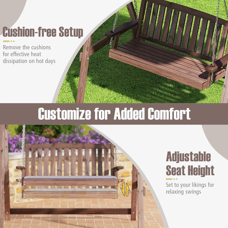 2-Person Porch Swing with Fir Wood Stand and Tilt Canopy-Brown by DirectDeals