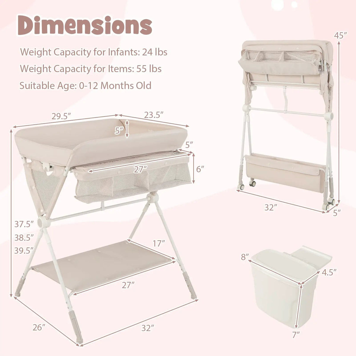 Portable Baby Changing Table with 3-Level Adjustable Height by DirectDeals