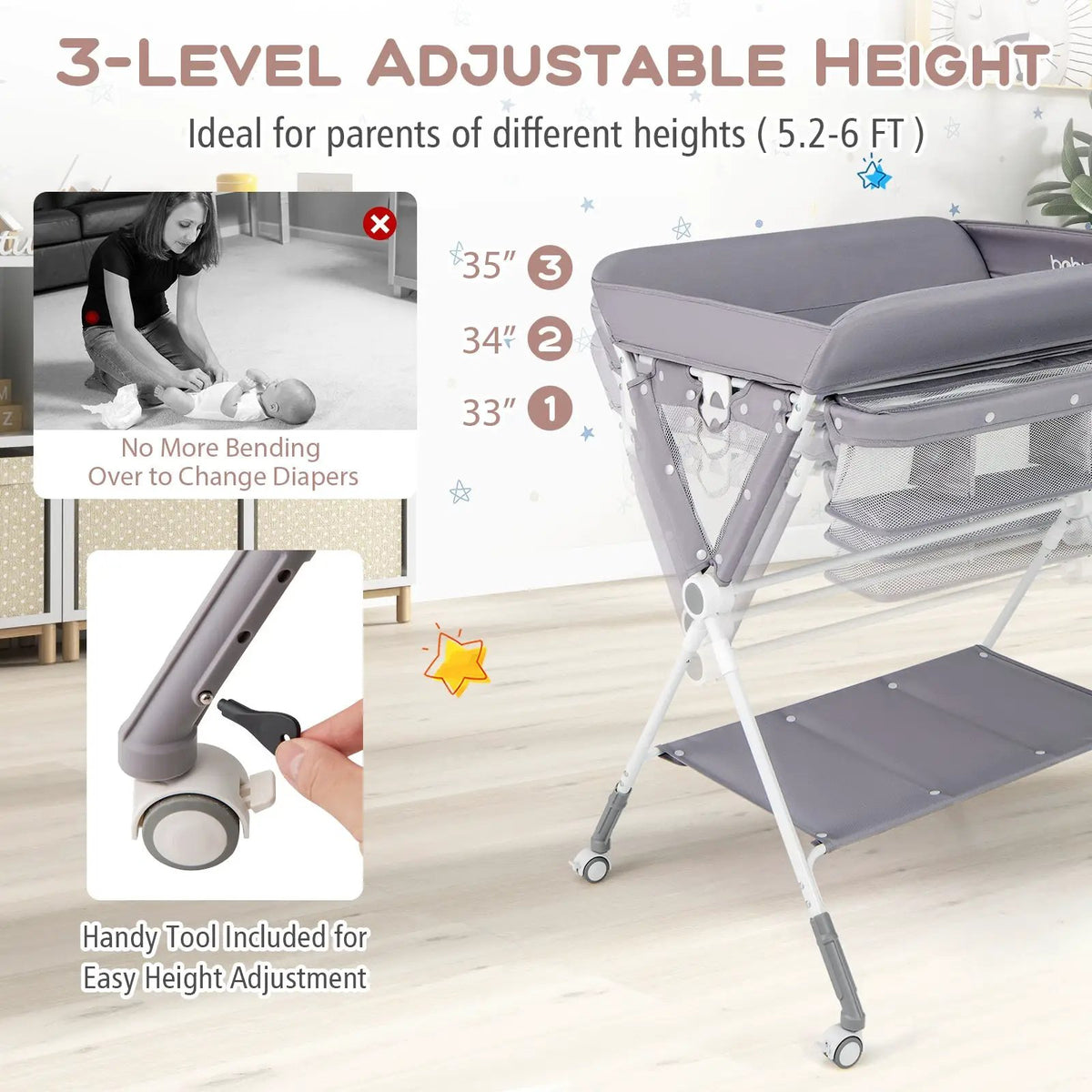 Portable Baby Changing Table with 3-Level Adjustable Height by DirectDeals