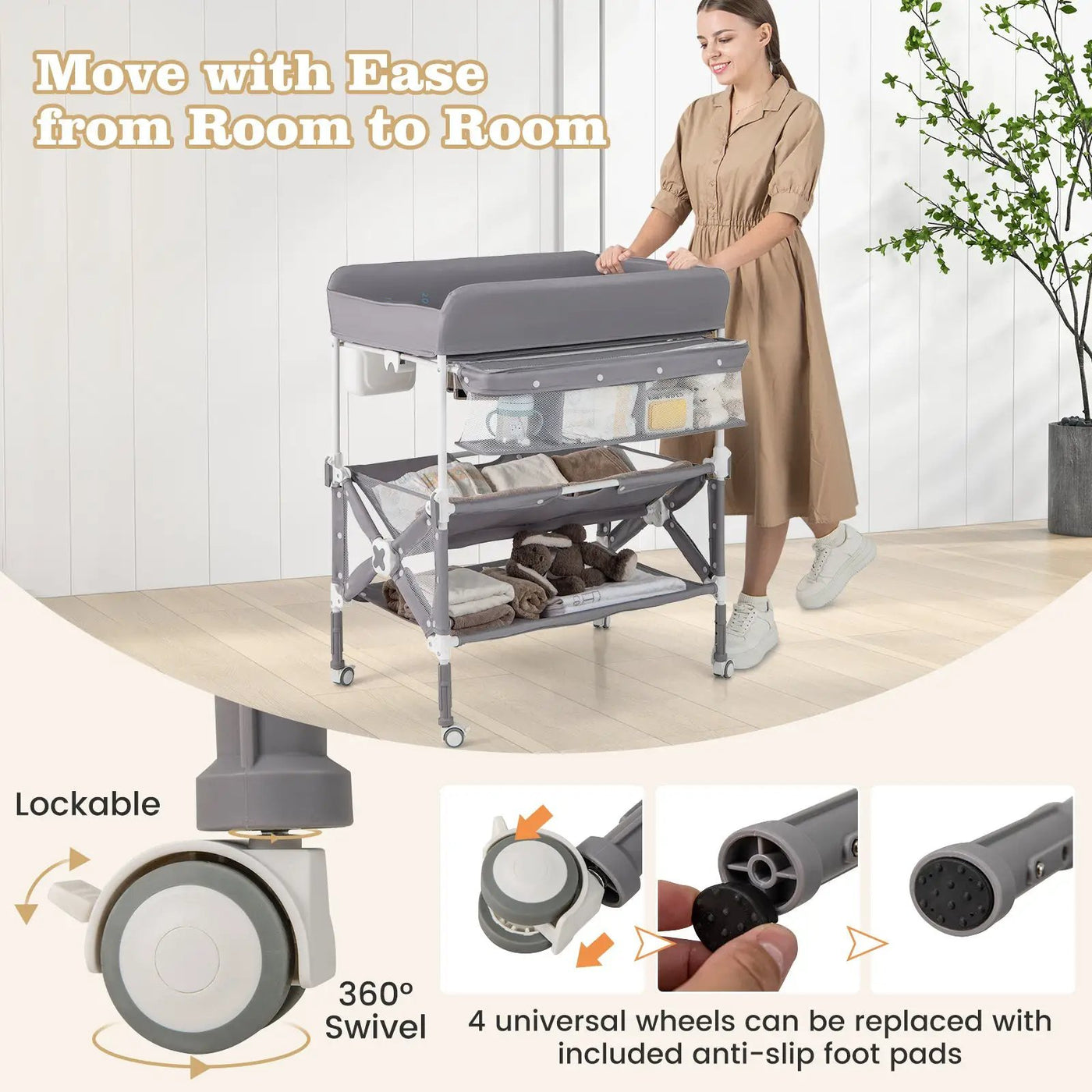 Portable Baby Changing Table with Wheels and Large Storage Rack by DirectDeals