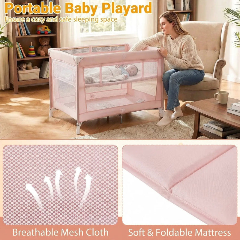Portable Baby Playard Folding Travel Crib for Infants with Soft Mattress by DirectDeals