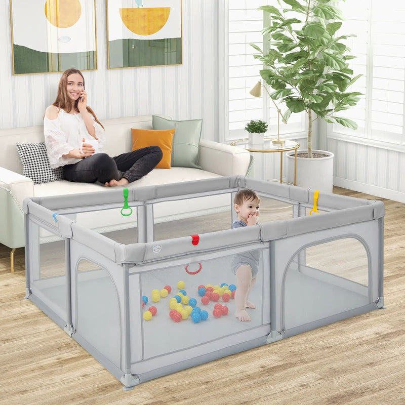 Portable Baby Playpen Large Play Yard with 50 Ocean Balls and 4 Pull Rings-Gray by DirectDeals