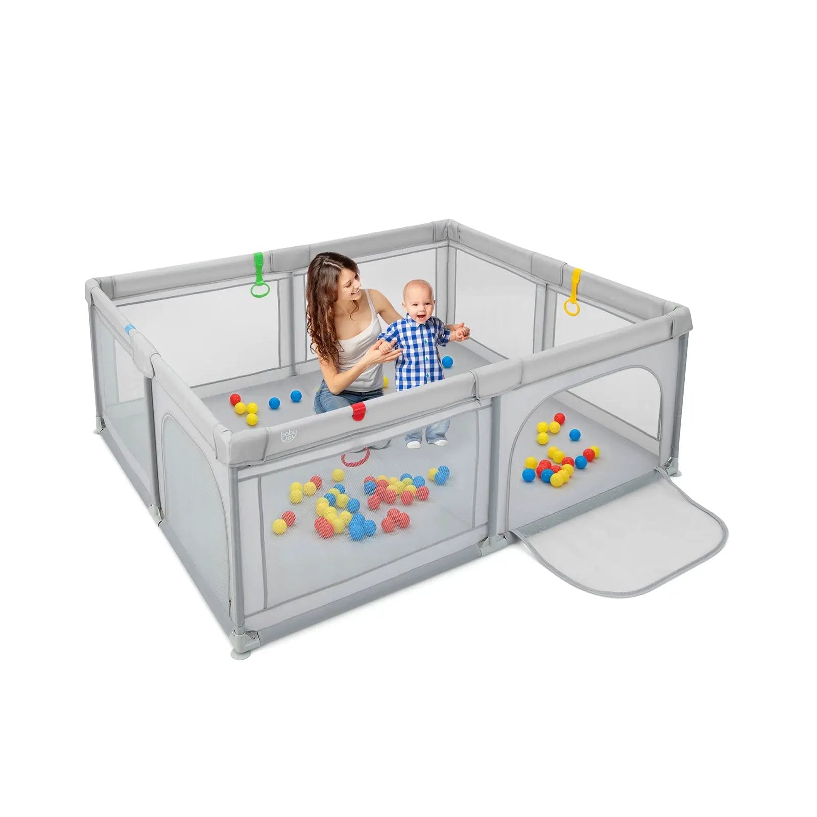 Portable Baby Playpen Large Play Yard with 50 Ocean Balls and 4 Pull Rings-Gray by DirectDeals