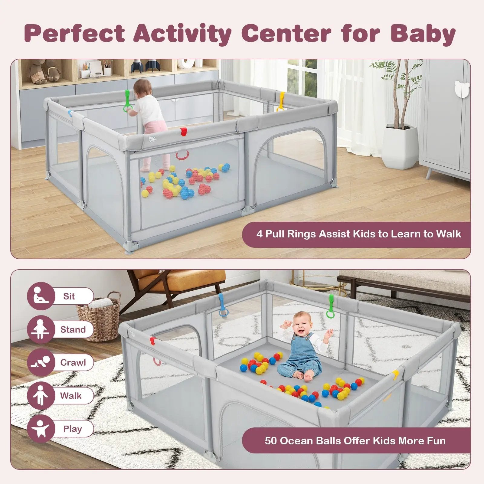 Portable Baby Playpen Large Play Yard with 50 Ocean Balls and 4 Pull Rings-Gray by DirectDeals