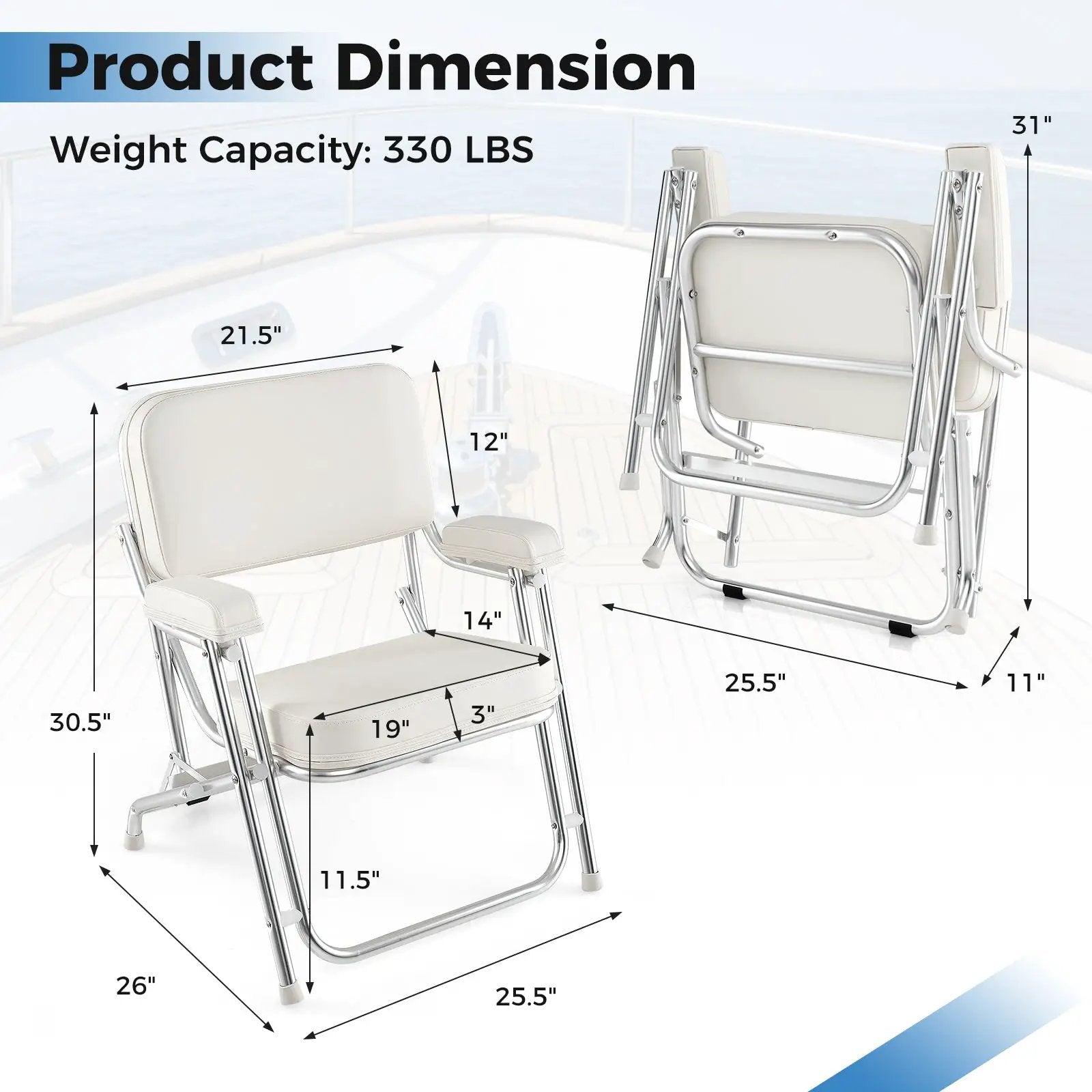 Portable Aluminum Boat Deck Beach Chair with Cushioned Seat-White by DirectDeals