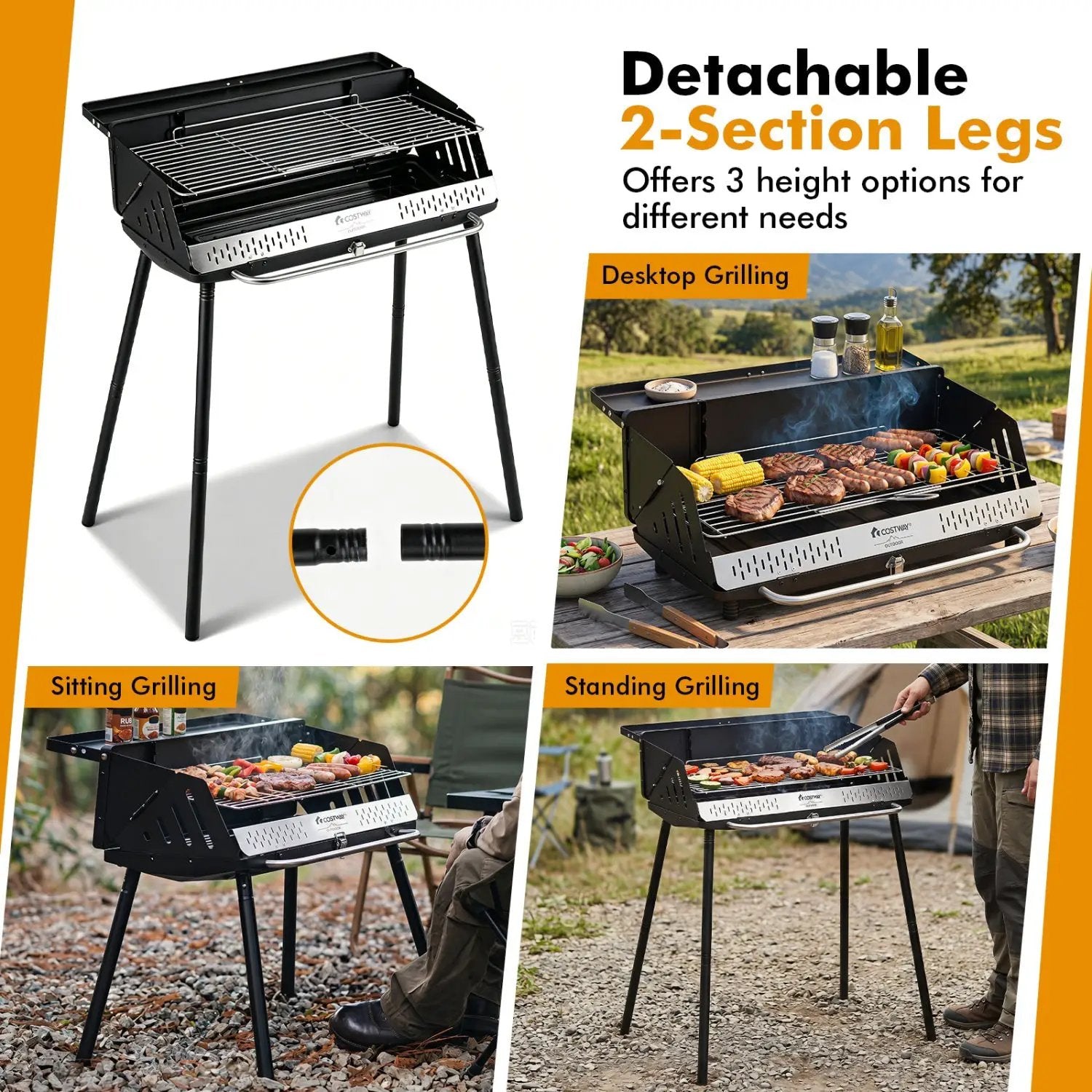 Portable Charcoal Grill with Adjustable Legs & Carrying Bag by DirectDeals