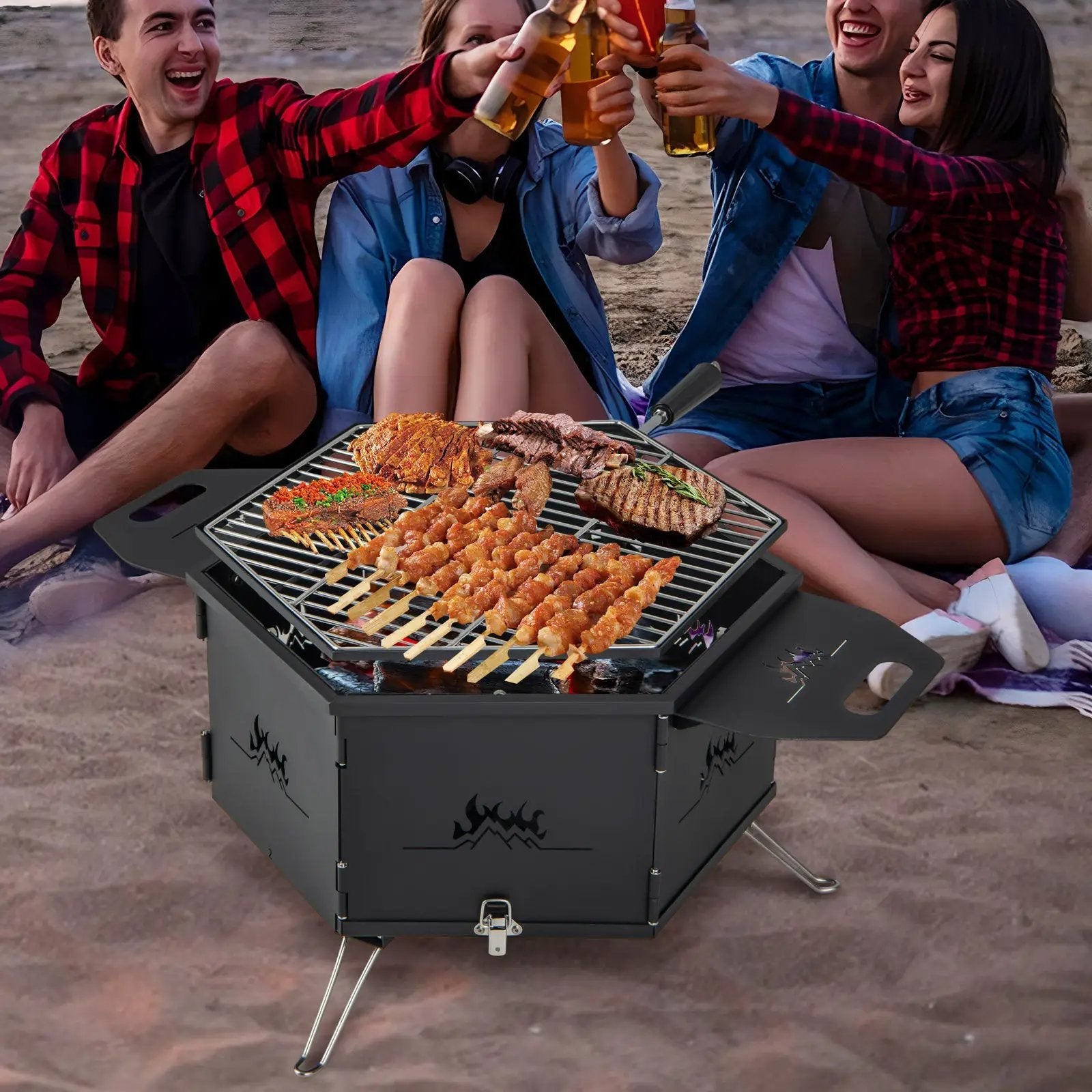 Portable Charcoal Grill Stove Rotatable with Foldable Body and Legs with Handles by DirectDeals