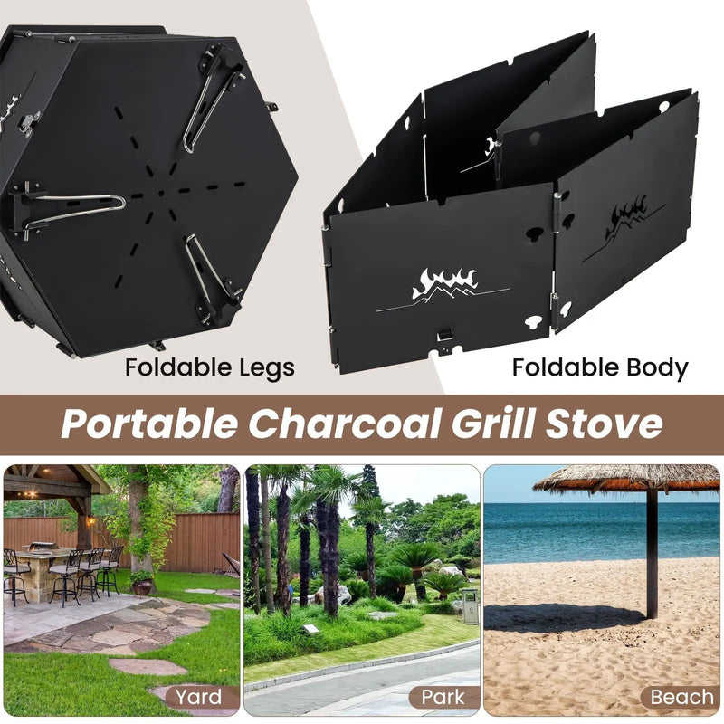 Portable Charcoal Grill Stove Rotatable with Foldable Body and Legs with Handles by DirectDeals