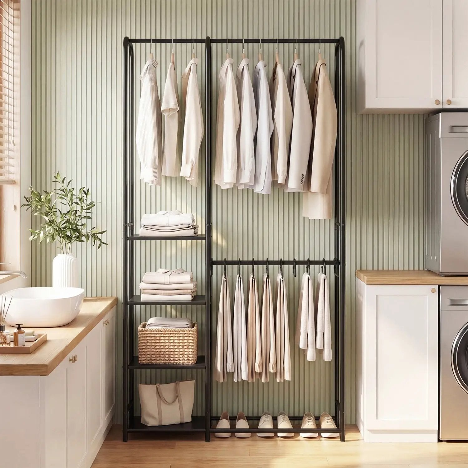 Portable Closet with Pants Hangers and 2 Hanging Rods and 4 Storage Shelves by DirectDeals