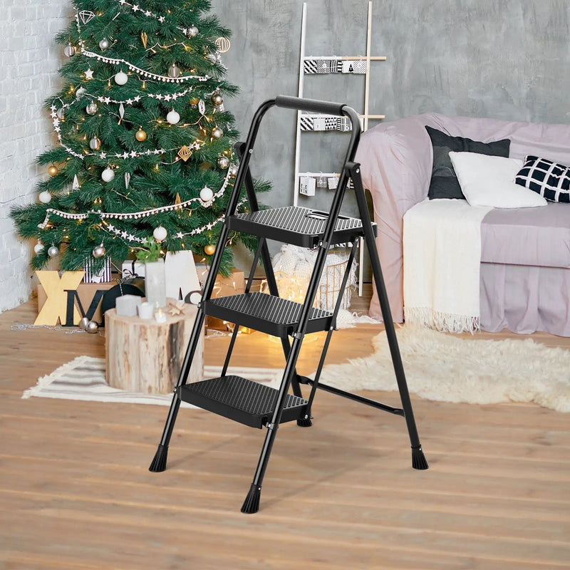 Portable Folding 3 Step Ladder with Wide Anti-Slip Pedal and Convenient Handle-Black by DirectDeals