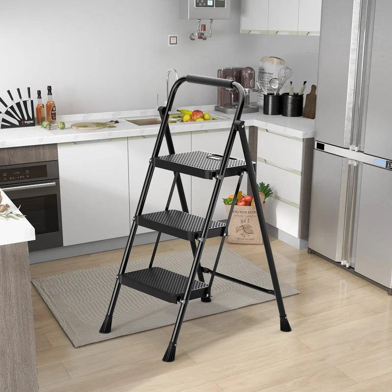 Portable Folding 3 Step Ladder with Wide Anti-Slip Pedal and Convenient Handle-Black by DirectDeals