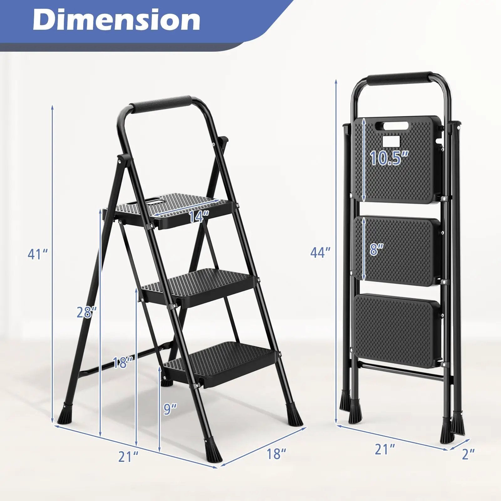 Portable Folding 3 Step Ladder with Wide Anti-Slip Pedal and Convenient Handle-Black by DirectDeals