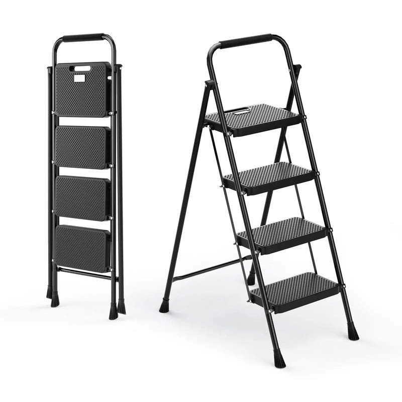 Portable Folding 4 Step Ladder Stool for Adults with Wide Anti-Slip Pedal-Black by DirectDeals