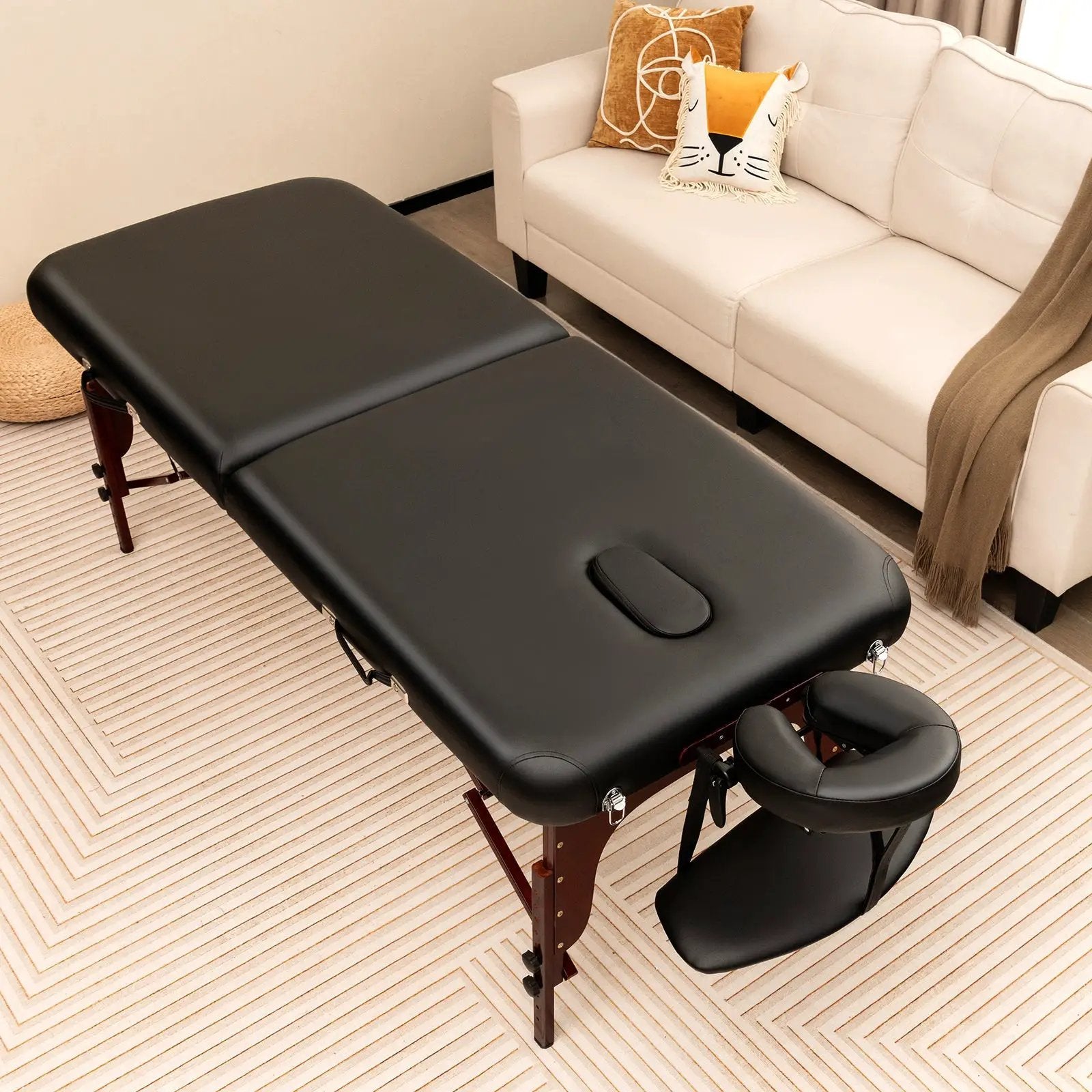 Folding Massage Table with Height-adjustable Beech Wood Frame-Black by DirectDeals