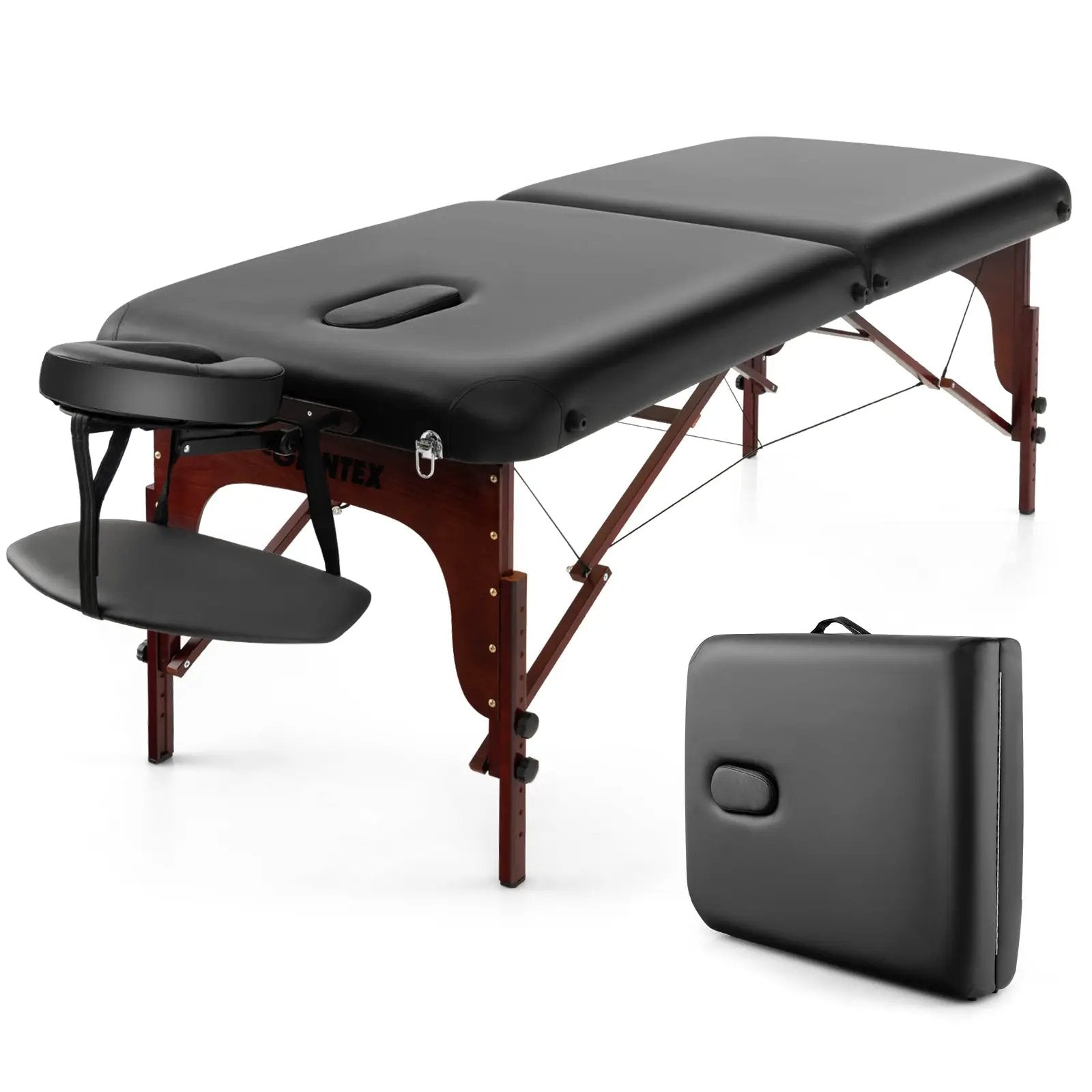 Folding Massage Table with Height-adjustable Beech Wood Frame-Black by DirectDeals
