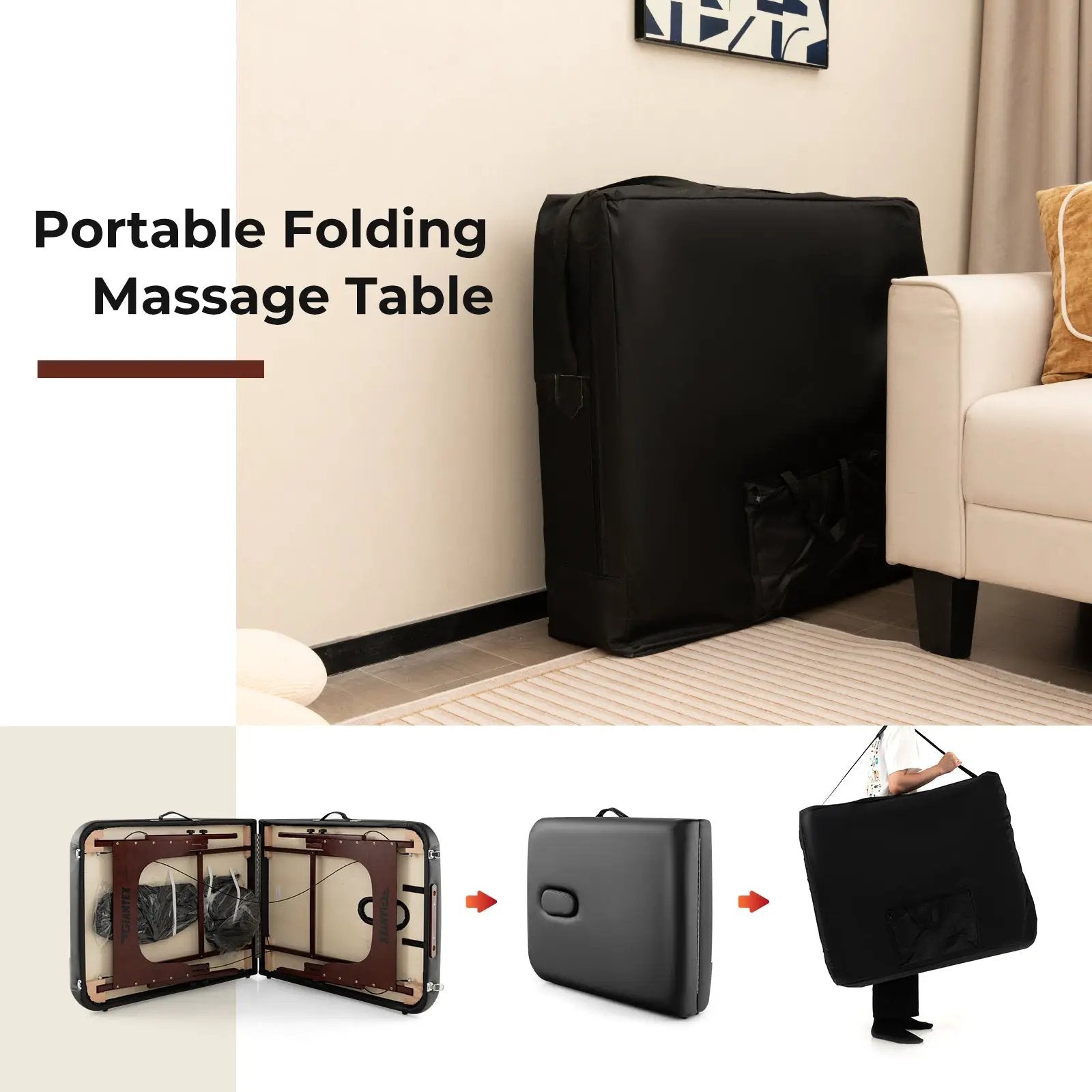 Folding Massage Table with Height-adjustable Beech Wood Frame-Black by DirectDeals