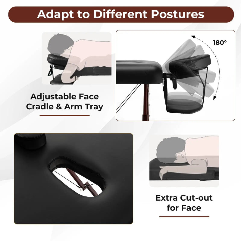 Folding Massage Table with Height-adjustable Beech Wood Frame-Black by DirectDeals