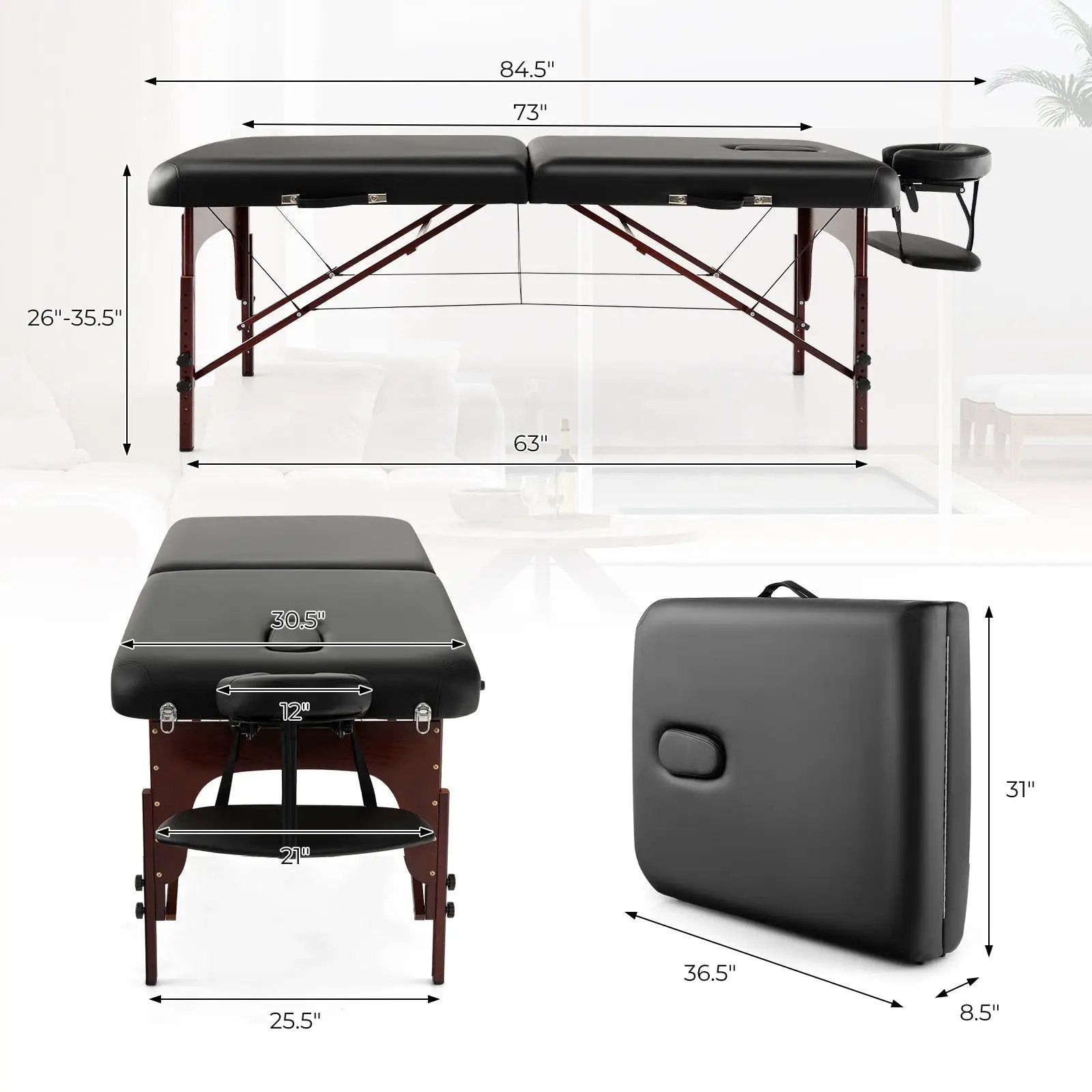 Folding Massage Table with Height-adjustable Beech Wood Frame-Black by DirectDeals