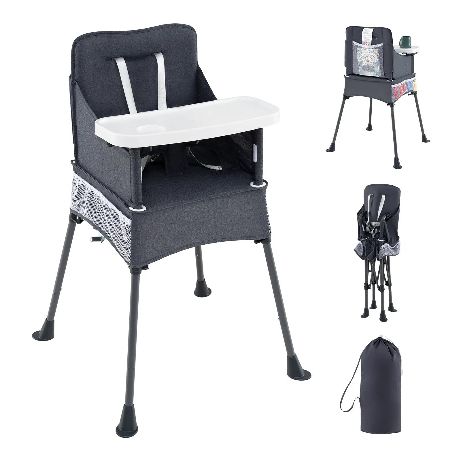 Portable High Chair for Travel Foldable with Adjustable Tray and Mesh Pockets-Gray by DirectDeals
