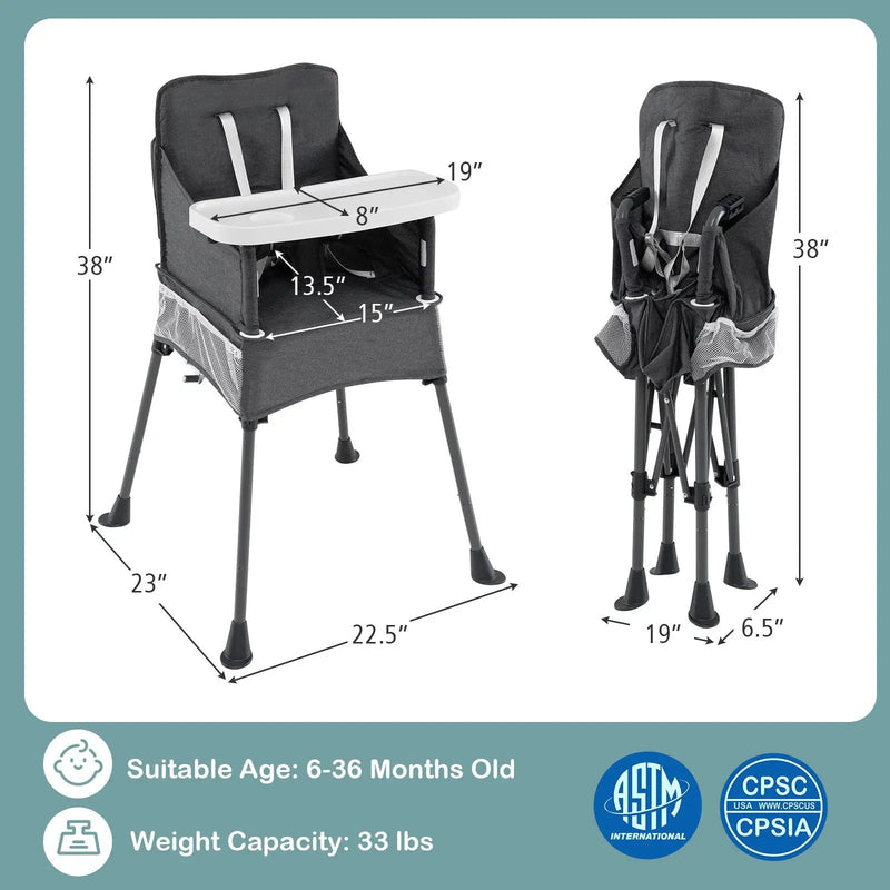 Portable High Chair for Travel Foldable with Adjustable Tray and Mesh Pockets-Gray by DirectDeals