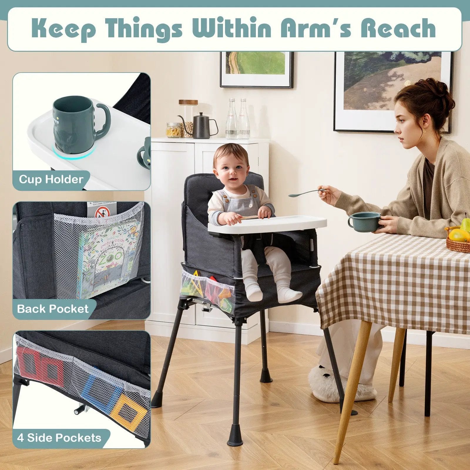Portable High Chair for Travel Foldable with Adjustable Tray and Mesh Pockets-Gray by DirectDeals