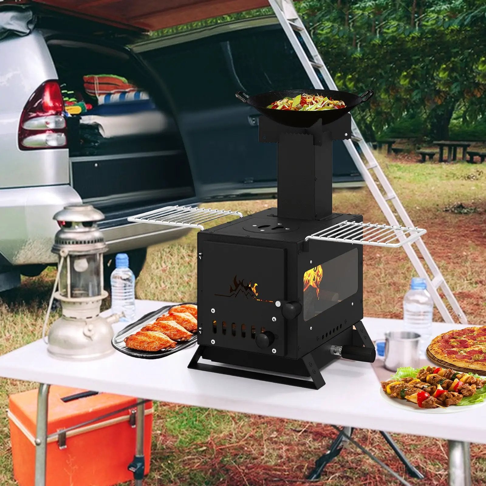 Portable Wood Burning Stove Mini Heater Burner with Pot Rack Oven Pan-Black by DirectDeals