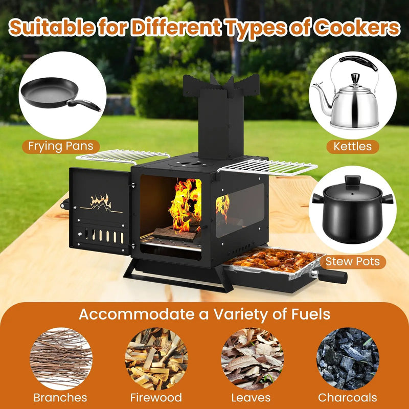 Portable Wood Burning Stove Mini Heater Burner with Pot Rack Oven Pan-Black by DirectDeals