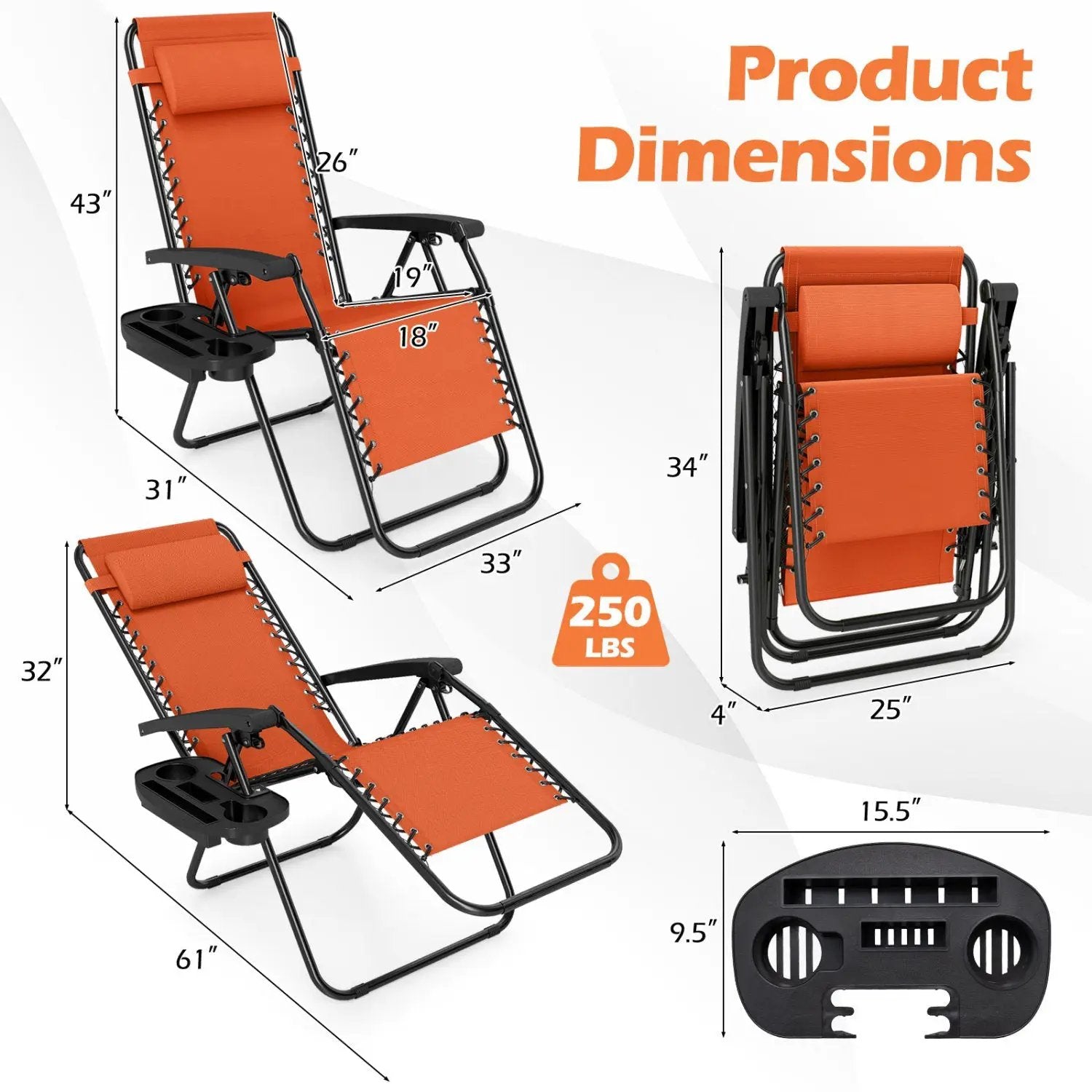 Zero Gravity Lounge Chairs Set of 2 with Cup Holders by DirectDeals